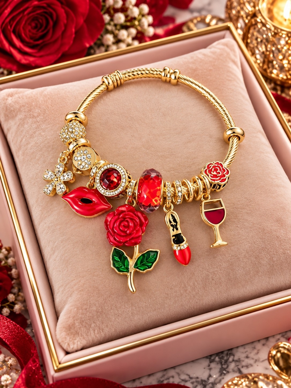 Gold-tone Bracelet with Red Rose & Lip Charms